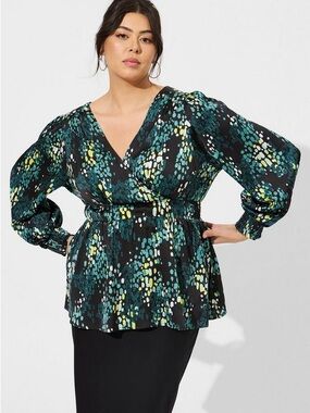 Torrid Satin Surplice Tie Cut Out Back Long Sleeve Blouse Size 2X In Brush Rain